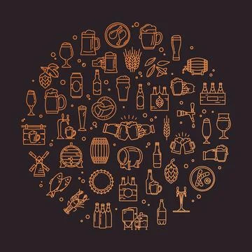 A circular set of craft beer pixel-perfect icons in a modern style on the theme Stock Illustration