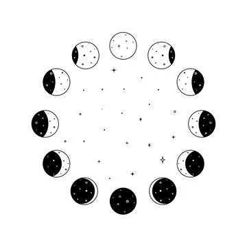 Circular set of Moon phases icon with shining stars inside in black outline Stock Illustration