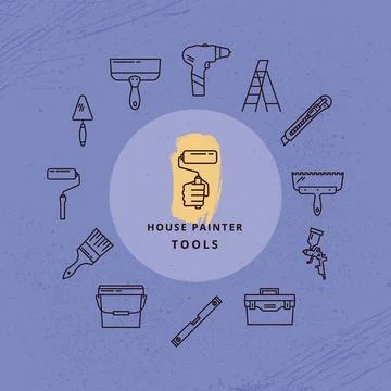 A circular set of vector linear symbols of tools for construction. Stock Illustration