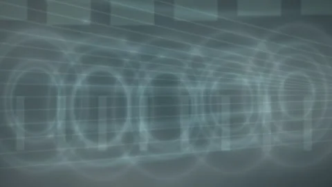 Circular shapes glide across light blue lines on a dark gray background Vídeo Stock 330922635