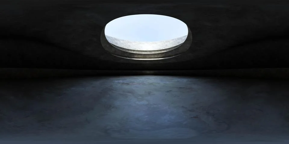 Circular skylight piercing through a dark ceiling on a clear day 360 panorama vr Illustrazione stock