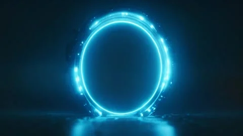 A circular, slowly moving neon frame creating a gate on a dark background. Stock Footage 273953115