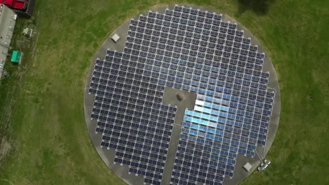 Circular Solar Panel Farm Top Down Aerial View Renewable Energy Plant Video stock 343921351