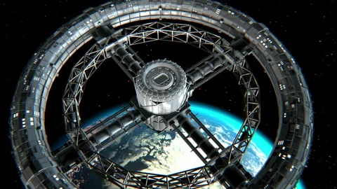 Circular space station on Earth background Stock Footage 90545592