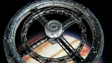 Circular space station on Jupiter background Stockbeeldmateriaal 90558085