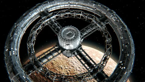 Circular space station on Mercury background Stockbeeldmateriaal 90517358