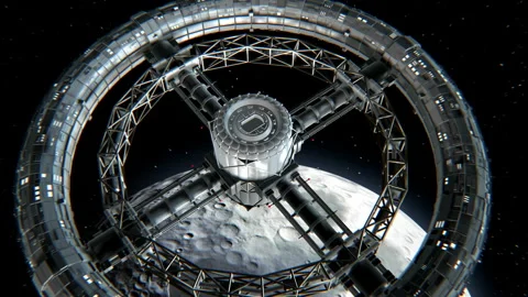 Circular space station on Moon background Stock Footage 90545768