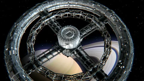 Circular space station on Saturn background 스톡 동영상 90526821