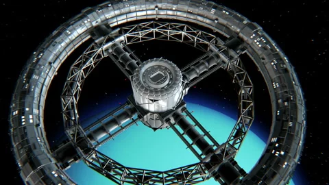 Circular space station on Uranus background Stock Footage 90523721