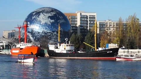 Circular sphere building. Museum display ship. An exhibit of the. Stock Footage 165281559