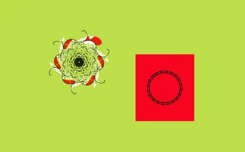 Circular spiral pattern with red rectangle on green background Stock Illustration