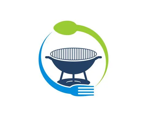 Circular spoon and fork with barbeque grill inside Ilustración de archivo