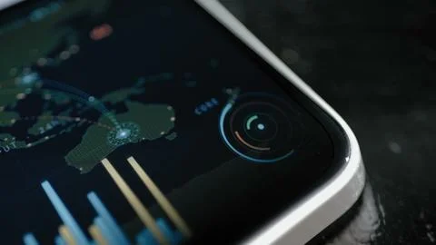 Circular status gauge and vertical bar chart frame a connected map 스톡 사진