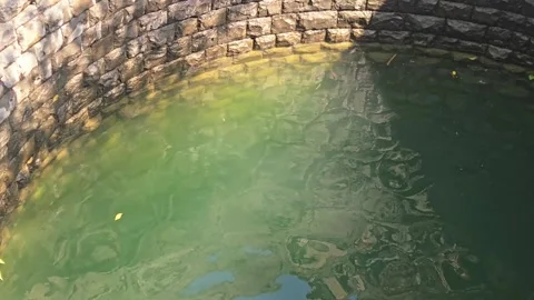 Circular Stone Stepwell showing ancient masonry architecture and murky green w Vídeo Stock 337351773