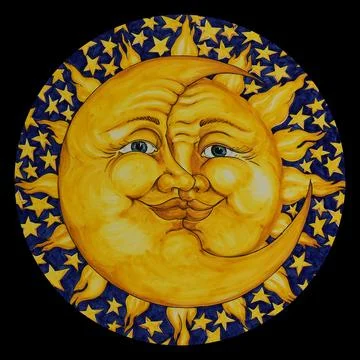 Circular Sun and Moon Face Celestial Symbol on Black Background Fotos Stock