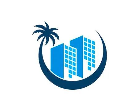 Circular swoosh with pine tree and twin building inside Stock Illustration