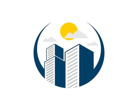 Circular swoosh with simple building inside Illustrazione stock