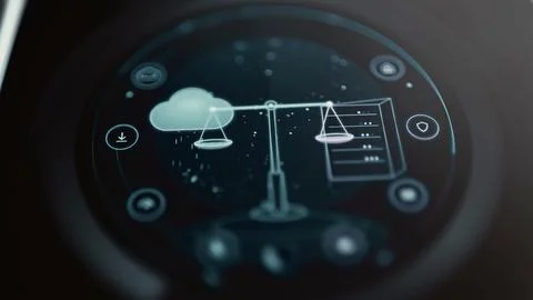 Circular technology dashboard centers a balance scale Stockfoto's
