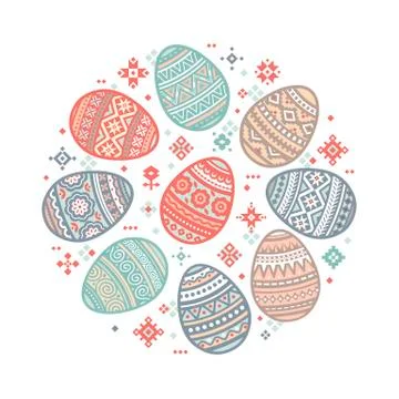 The circular template of colorful Easter egg vector flat icons painted in Stock Illustration