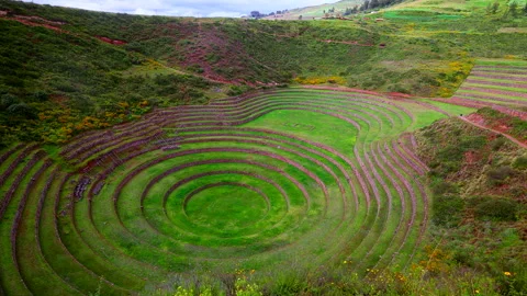 Circular terraced bowl shape of Inca Moray ruins in Sacred Valley of Peru Stock Footage 341995505
