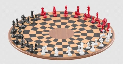 Circular three-player chess set rotation animation seamlessly loopable. 3D .. Stock Footage 323234316