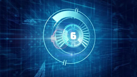 Circular timer starting countdown from ten to one while rotating pulsing rings Stock Footage 311416851