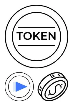 Circular token labeled TOKEN, play button with blue triangle, and coin with d Stock Illustration