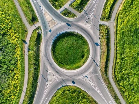 Circular Traffic Roundabout Top Down Aerial Drone View Stock Photos