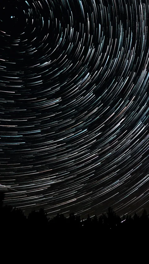Circular trails of stars around the pole above the forest night sky, long Stock Footage 336178801