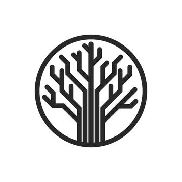 Circular tree logo with geometric branches, black thin line art forest symb.. Stock Illustration