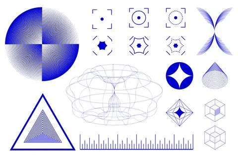 Circular, triangular, and cube-like geometric elements combined with fluid Stock Illustration