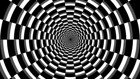Circular tunnel rectangular chess black and white rotating, checker board 3d Stockbeeldmateriaal 280079891