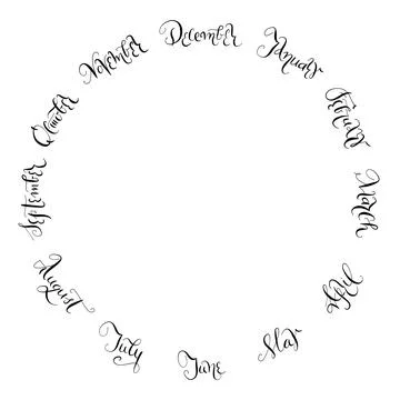Circular vector hand drawn arrangement of months of the year placed like a clock Stock Illustration