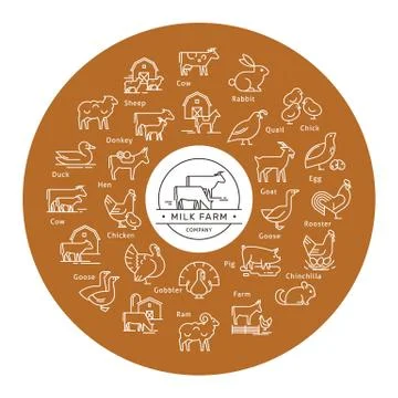 Circular vector icon set in a line style of farm animals silhouettes. Stock Illustration