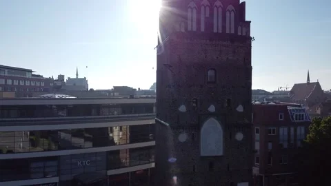 Circular view of Kröpeliner Tor Center of Rostock, with birds flying near Stock Footage 221414161