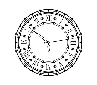 Circular vintage clock face with roman numerals Stock Illustration