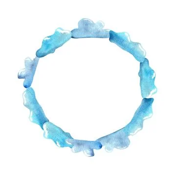 Circular watercolor cloud frame design with blue hues on white background p.. Stock Illustration