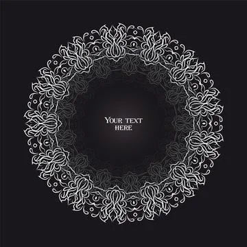 Circular white floral decorative pattern on black background 스톡 일러스트