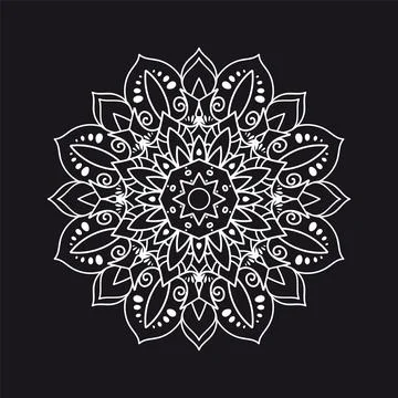 Circular white floral decorative pattern on black background Illustrazione stock