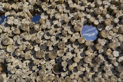Circular window among a stack of logs Stock Photos