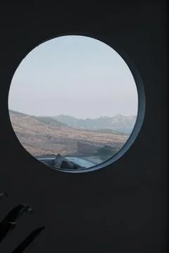 Circular Window View of Mount Batur Volcanic Landscape Stock Photos
