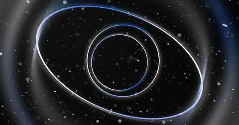 Circular wireframe ellipses moving in 3D space with dust bokeh particles. C.. 스톡 일러스트