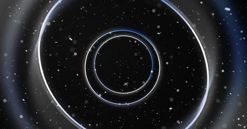 Circular wireframe ellipses moving in 3D space with dust bokeh particles. C.. Stock Illustration