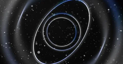 Circular wireframe ellipses moving in 3D space with dust bokeh particles. C.. Stock Illustration