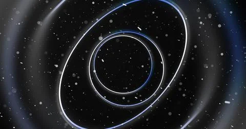 Circular wireframe ellipses moving in 3D space with dust bokeh particles. C.. Stock Illustration