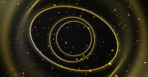 Circular wireframe ellipses moving in 3D space with dust bokeh particles. C.. Stock Illustration