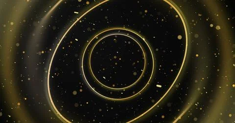 Circular wireframe ellipses moving in 3D space with dust bokeh particles. C.. Stock Illustration