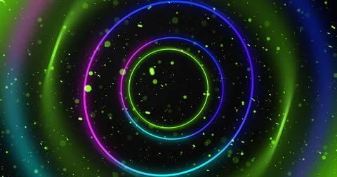 Circular wireframe ellipses moving in 3D space with dust bokeh particles. C.. Stock Illustration