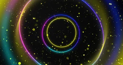 Circular wireframe ellipses moving in 3D space with dust bokeh particles. C.. Illustrazione stock