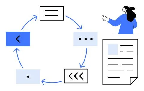 Circular Workflow with Visual Elements and Person in Blue Presenting Document 스톡 일러스트